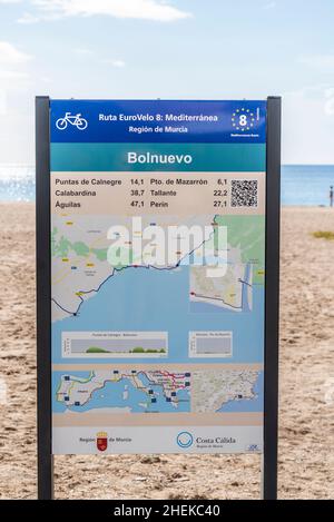 Ruta EuroVelo 8 cycle route, Bolnuevo, near Puerto de Mazarron, Murcia region, Spain. Mediterranean coastal town. Mediterranean Route Stock Photo