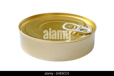 Tin can of golden color with ring pull, isolated on white background. Designed for the production and storage of various canned food. Stock Photo