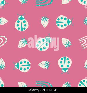 Cute ladybird, dotted rainbow, strawberry seamless vector pattern background. Teal cream whiteLadybugs with strawberries and rainbows on pink backdrop Stock Vector