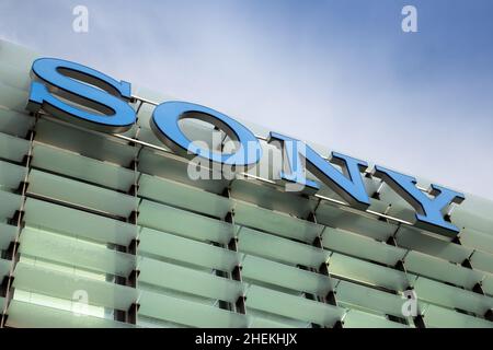 Prague, CZ  -  10 november 2021: The Sony sign Logo on Czech Republic Headquarters. Technology Concept Sony Corporation. Editorial Stock Photo