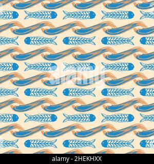 School of fish swimming in painted ocean waves. Vector seamless pattern background. Stylized hand drawn shoal of fishes in sea. Folk art scandianvian Stock Vector