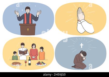 Religion and spirituality routine concept. Set of young priest during speech human hands in pray young judish family before dinner and young non sitting talking to god vector illustration  Stock Vector