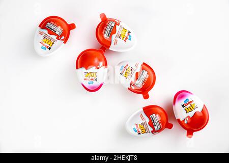 May 4, 2021. New York. Kinder joy chocolate eggs with toy surprise inside. Stock Photo