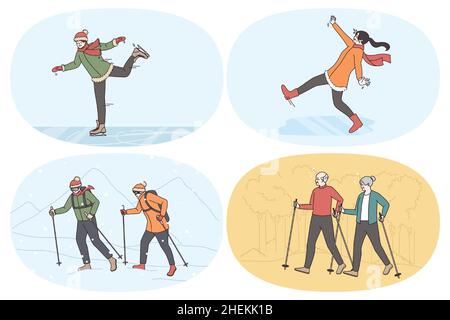 Active lifestyle and sport concept. Set of people skating on rink during winter falling down on ice hiking with sticks in mountains and in park during summer vector illustration  Stock Vector