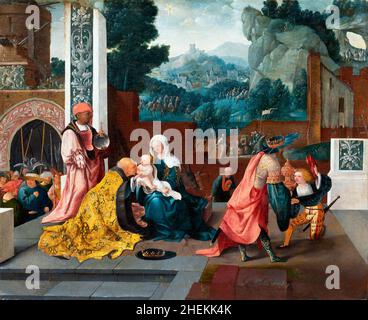 Adoration of the Magi by the Dutch Romanist painter, Jan van Scorel (1495-1562), oil on panel, c. 1519 Stock Photo