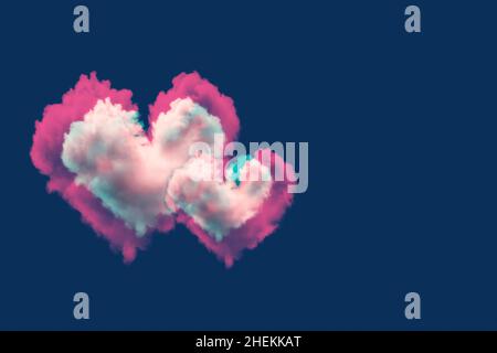 Two heart shaped clouds with pink green glitch effect against dark blue background. Toned Valentine day and love greeting card with cloud hearts. Stock Photo