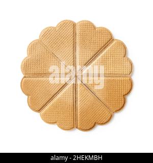 Heart shaped wafers for ice cream decoration are in a wheel form isolated on white background. Thin flat waffle biscuits for garnishing. Sweet pastry. Stock Photo