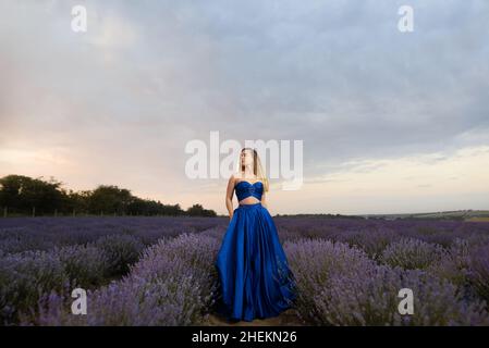 Young woman in a luxurious blue dress standing in a lavender field against the background of the sky. Stock Photo