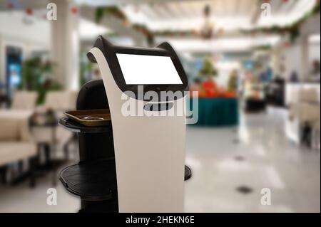 Artificial intelligence assistant personal robot for serve foods in restaurant. Robotic trend technology business concept Stock Photo
