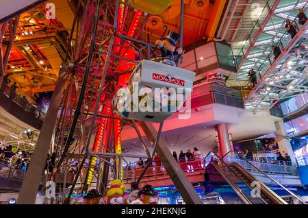Impressive Illuminated Ferris Wheel Inside Toys R Us Store in Times Square Manhattan, New York, City, USA. Beautiful Interior Decoration. Stock Photo