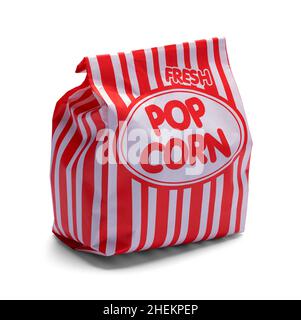 Red and White Striped Paper Popcorn Bag Cut Out On White. Stock Photo