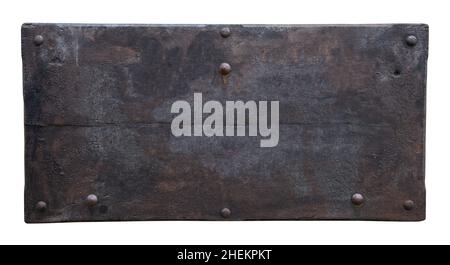 Old Rusty Metal Sign Cut Out on White. Stock Photo