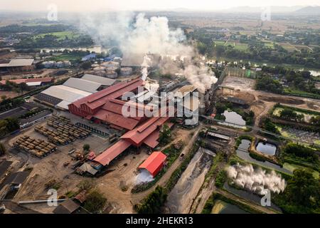 Aerial view of sugar bioethanol translation factory working with steam ...