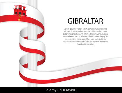 Waving ribbon on pole with flag of Gibraltar. Template for independence day poster design Stock Vector