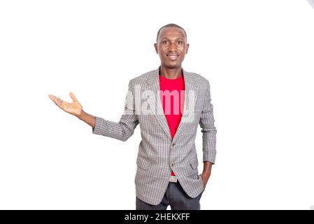 portrait of an adult businessman gesturing his right hand and smiling at the camera. Stock Photo