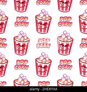 Multicolored pattern of cups with popcorn for the holiday on a white background. For printing and decoration of the holiday menu. Vector illustration. Stock Vector