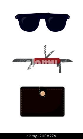 Male set of sunglasses, pocket knife, wallet. Stock Vector