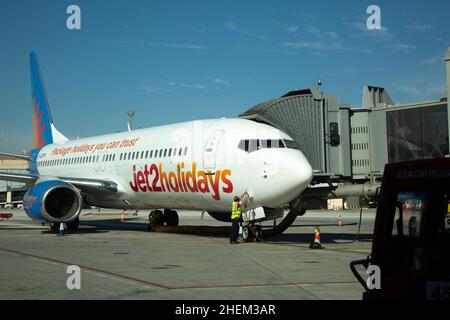 Boeing 737-8K5 Jet2Holidays plane at Malaga airport, Spain - Jet 2 package holidays charter plane Stock Photo