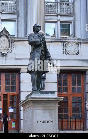 Statue of ALEXANDER HAMILTON in front of a College building at COLUMBIA ...