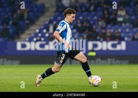 Barcelona, Spain. 10/01/2022, Adria Pedrosa of RCD Espanyol in action during the La Liga match between RCD Espanyol and Elche CD at RCDE Stadium in Barcelona, Spain. Stock Photo