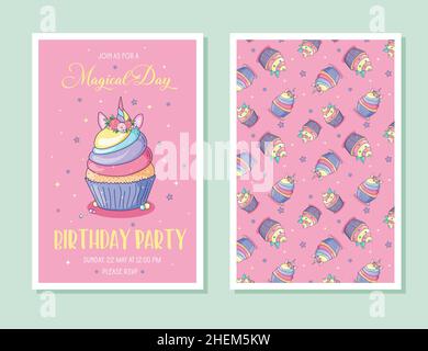 Birthday party invitation. Cute unicorn cupcake in pastel colors. Stock Vector