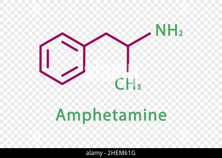 Amphetamine chemical formula. Amphetamine structural chemical formula isolated on transparent background. Stock Vector