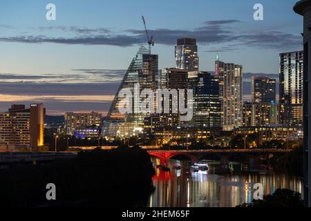 Austin Texas USA, October 17 2021: View of the Austin skyline looking northwest from the 11th floor of an apartment building at the foot of the Rainey Street entertainment district. ©Bob Daemmrich Stock Photo