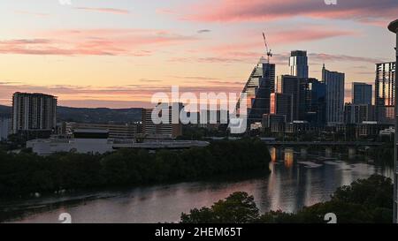 Austin Texas USA, October 17 2021: View of the Austin skyline looking northwest from the 11th floor of an apartment building at the foot of the Rainey Street entertainment district. ©Bob Daemmrich Stock Photo