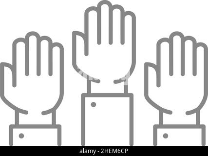 Three raised hands line icon. Solidarity, unity, teamwork symbol Stock Vector