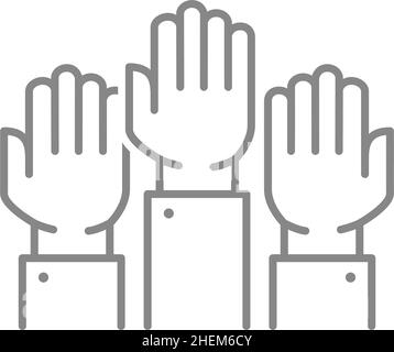 Three raised hands line icon. Cooperation, teamwork symbol Stock Vector