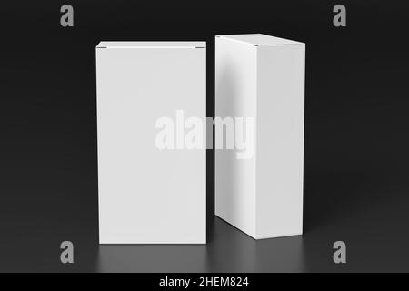 Gift box mock up: two tall and wide white boxes on black background. View above Stock Photo