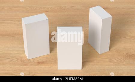 Gift box mock up: three flat, tall and wide white boxes on wooden background. View above Stock Photo