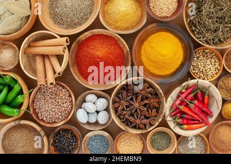 Overhead shot of a variety of spices in a variety of different wooden bowls. Stock Photo