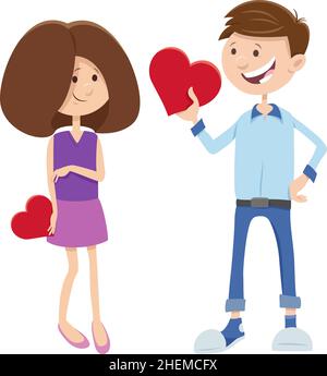 Greeting card cartoon illustration with girl and boy characters with Valentines Day hearts Stock Vector