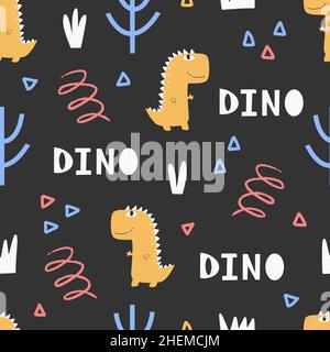 Cute dinosaur pattern - hand drawn childish dinosaur seamless pattern design Stock Vector
