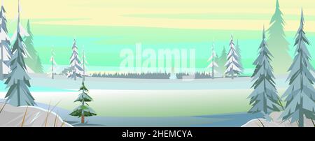 Wide rural landscape in winter. Fields in the snow and drifts. Strong frost. Rustic garden and hills. Pine trees. Illustration in cartoon style flat Stock Vector