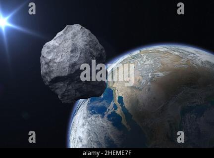 Dangerous asteroid approaching to planet Earth. Concept a potentially hazardous object (PHO). Elements of this image furnished by NASA. Stock Photo