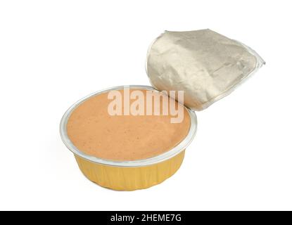 Chicken pate in opened aluminum packaging isolated on white background Stock Photo