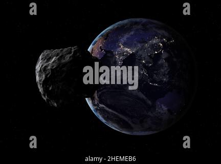 Hazardous asteroid approaching to planet Earth from night side. Asia and Australia at night from space. Elements of this image furnished by NASA. Stock Photo
