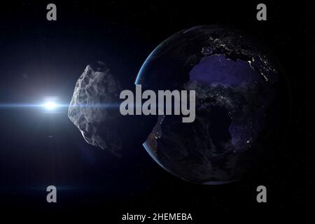 Asteroid approaching to planet Earth from night side. Europe, Africa and Asia at night viewed from space. Elements of this image furnished by NASA. Stock Photo