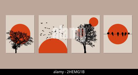 Abstract Sun Landscape Orange Art Wall Painting Posters and Prints Nordic Murals Vector art print. Stock Vector