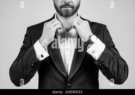 Pranking himself out in best attire. Man wear formal suit cropped view. Business attire. Formalwear and dress code. Classy fashion style. Menswear Stock Photo