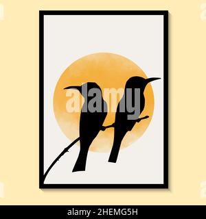 Abstract Nature and Two Bird Sun Yellow Art Watercolor Wall Painting Posters and Prints Scandinavian Wall Paintings Vector art print. Stock Vector
