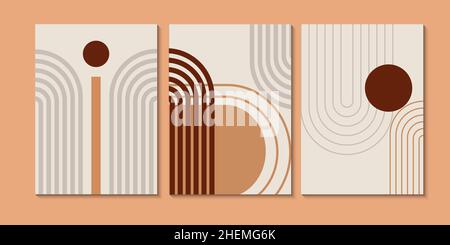 Set of vector abstract boho posters. Minimalist design for background, cover, wallpaper, print, card, wall decor, social media, stories, branding. Stock Vector
