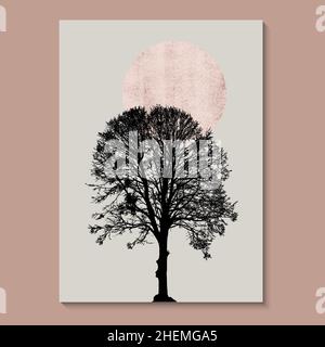 Mid Century Abstract Moon Pink Art Wall Painting Posters and Prints Nordic Murals, Minimal Wall Art, Boho Decor Line Sunset Vector art print. Stock Vector