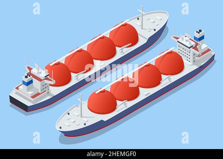 Isometric LNG carrier, an LNG carrier is a tank ship designed for transporting liquefied natural gas Import or export gas with tanker ship Stock Vector