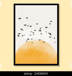Abstract Nature and Birds Sun Yellow Art Watercolor Wall Painting Posters and Prints Scandinavian Wall Paintings Vector art print. Stock Vector