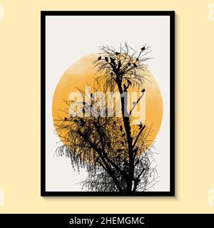 Abstract Tree and Bird Sun Yellow Art  Watercolor Wall Painting Posters and Prints Nordic Murals Vector art print. Stock Vector