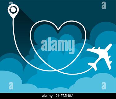 Love Travel Concept Illustration: An airplane in the dark blue sky leaves a love-shaped trail of travel lines. Stock Vector