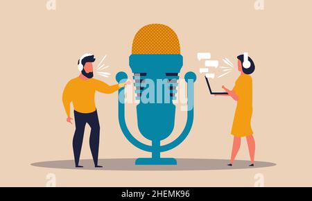 Radio podcast with man and woman. Interview with headphone headset on air speech microphone vector illustration concept. Live news discussion characte Stock Vector
